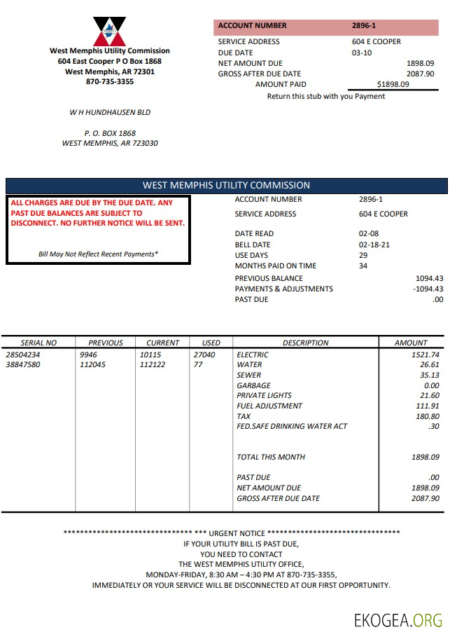 USA Arkansas West Memphis utility bill template in Word and PDF format